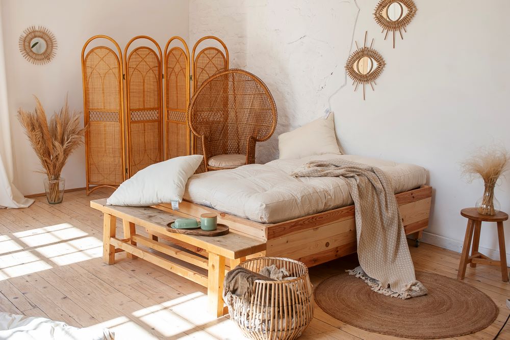beautifully decorated bedroom with sustainably source bedding casually displayed